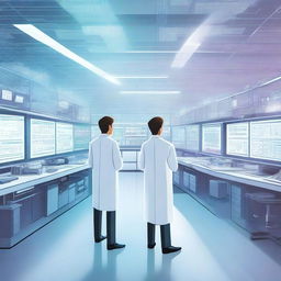 A detailed illustration of a futuristic science laboratory filled with advanced scientific equipment, researchers in white lab coats, and holographic displays showcasing complex data