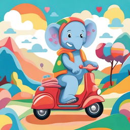 A whimsical scene featuring a pretty elephant riding a scooter through a colorful, cartoon-like landscape