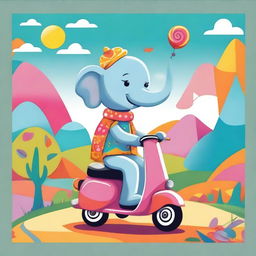 A whimsical scene featuring a pretty elephant riding a scooter through a colorful, cartoon-like landscape