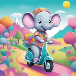 A whimsical scene featuring a pretty elephant riding a scooter through a colorful, cartoon-like landscape