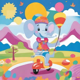 A whimsical scene featuring a pretty elephant riding a scooter through a colorful, cartoon-like landscape