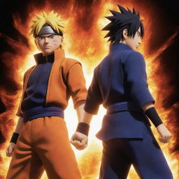 Enhanced animated image of Naruto and Sasuke standing back-to-back, emanating sharp, brilliant bursts of god-like powers, the spectacle bursting with vivid energy.