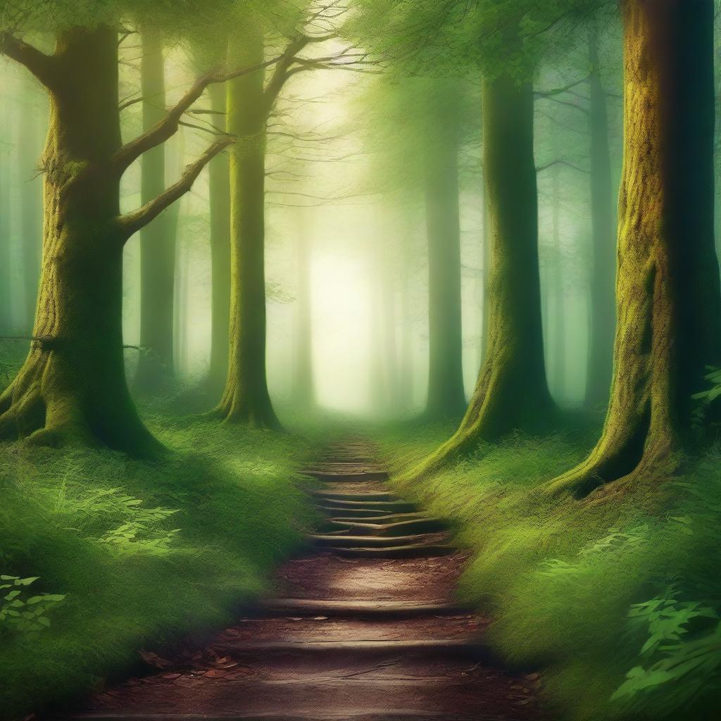 Create a book cover featuring a mysterious and enchanting forest with a hidden path