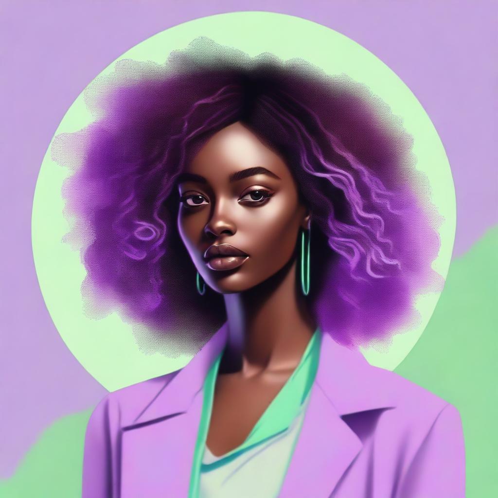 Create a modern but not realistic drawing with a harmonious gradient background in pastel shades of lilac and green