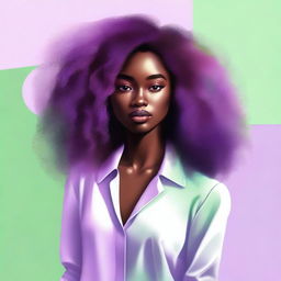 Create a modern but not realistic drawing with a harmonious gradient background in pastel shades of lilac and green