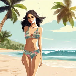 A beautiful girl standing on a sunny beach, wearing a stylish swimsuit, with waves gently crashing in the background and palm trees swaying in the breeze