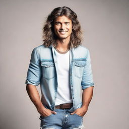 Create a full-body image of a 29-year-old man with light brown skin and wavy hair styled in a mullet.