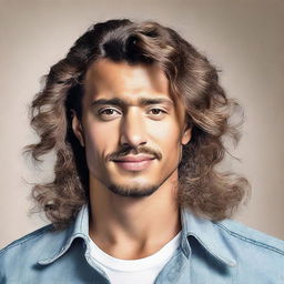 Create a full-body image of a 29-year-old man with light brown skin and wavy hair styled in a mullet.