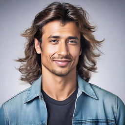 Create a full-body image of a 29-year-old man with light brown skin and wavy hair styled in a mullet.