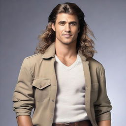 Create a full-body image of a 29-year-old man with light brown skin and wavy hair styled in a mullet.