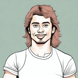 Draw a full-body image of a 29-year-old man with light brown skin and wavy hair styled in a mullet.