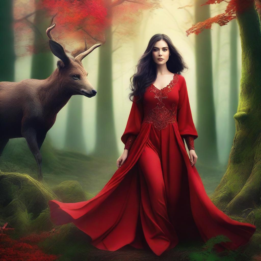 A fantasy background featuring lush forests and mystical creatures, with a modern woman in her twenties dressed in a red outfit