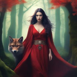 A fantasy background featuring lush forests and mystical creatures, with a modern woman in her twenties dressed in a red outfit