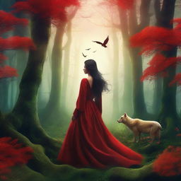 A fantasy background featuring lush forests and mystical creatures, with a modern woman in her twenties dressed in a red outfit