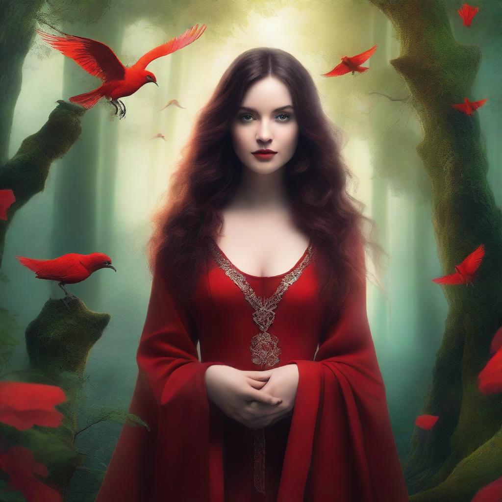 A fantasy background featuring lush forests and mystical creatures, with a modern woman in her twenties dressed in a red outfit