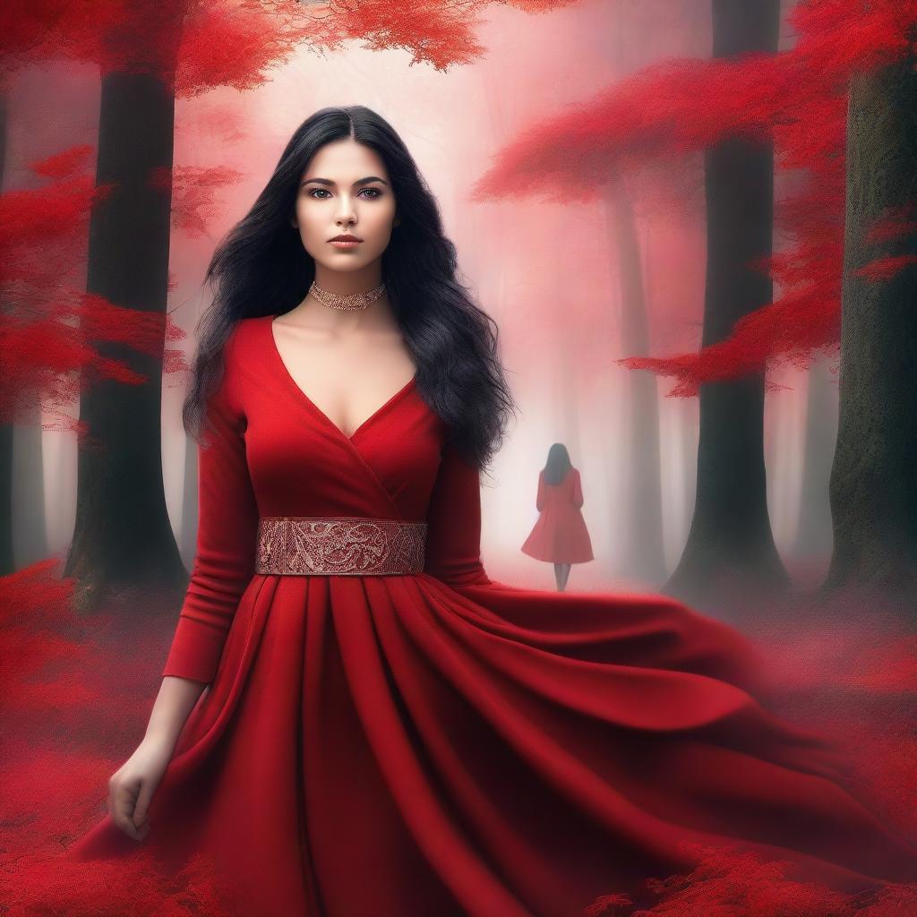 A modern fantasy background with a modern woman in her twenties wearing a red outfit