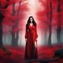 A modern fantasy background with a modern woman in her twenties wearing a red outfit