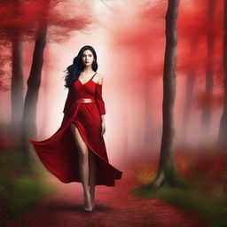 A modern fantasy background with a modern woman in her twenties wearing a red outfit