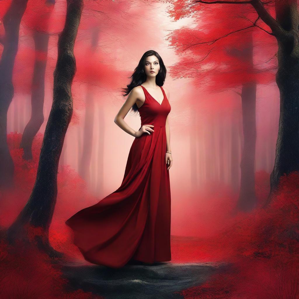 A modern fantasy background with a modern woman in her twenties wearing a red outfit