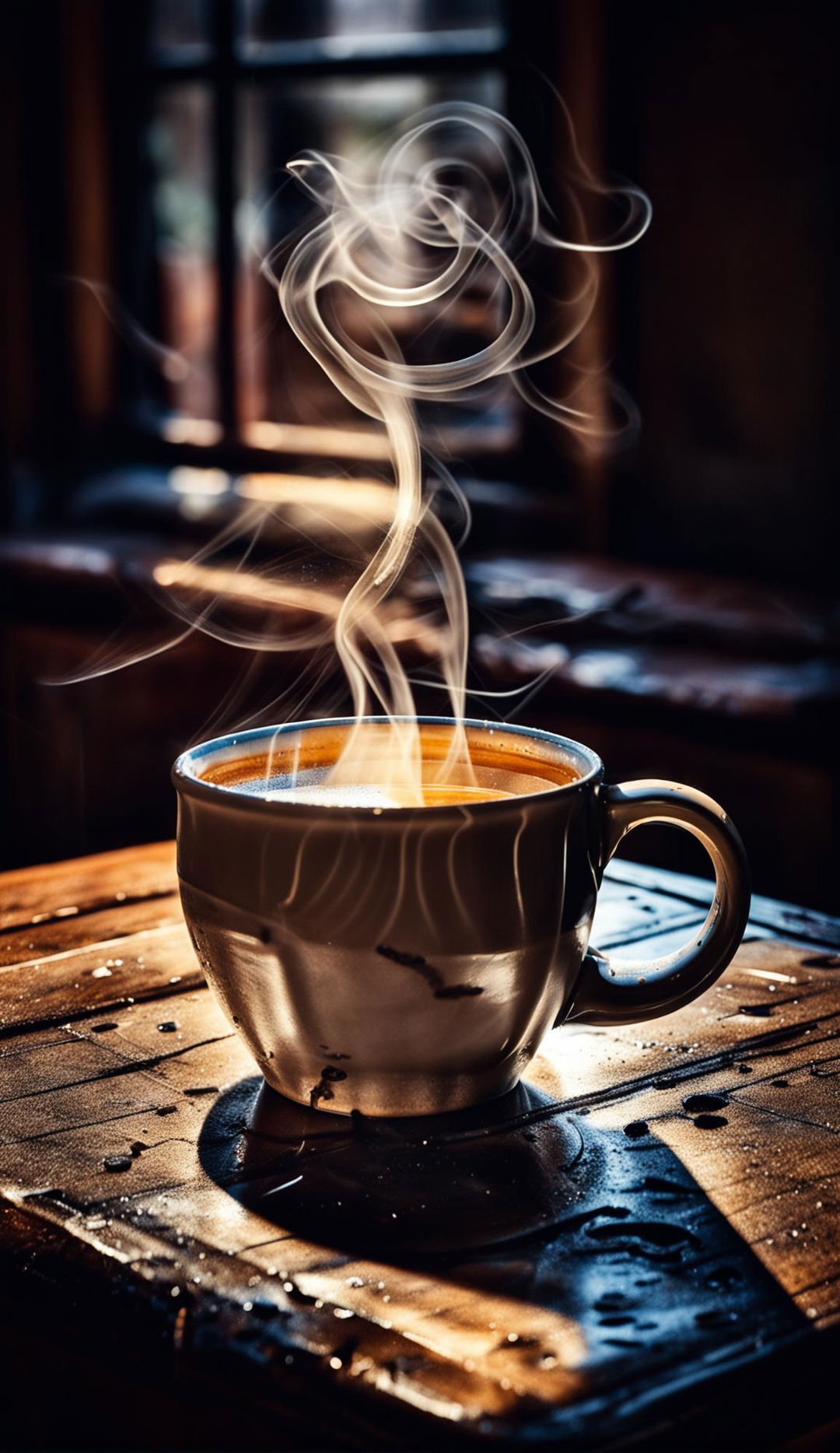 HD photograph of a white ceramic coffee mug filled with steaming hot coffee on a worn wooden table, illuminated by a single ray of morning sunlight.