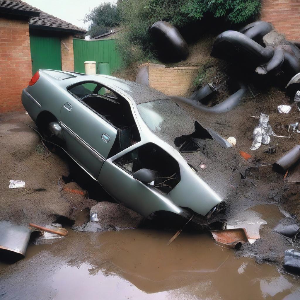 A car is squeezed into a very narrow household water pipe, resulting in it being crushed and turned into a pile of scrap metal