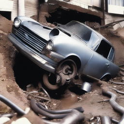 A car is squeezed into a very narrow household water pipe, resulting in it being crushed and turned into a pile of scrap metal