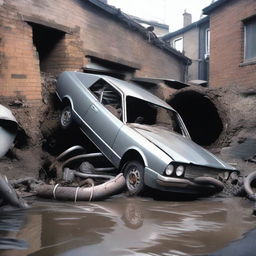 A car is squeezed into a very narrow household water pipe, resulting in it being crushed and turned into a pile of scrap metal