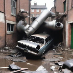 A car is squeezed into a very narrow household water pipe, resulting in it being crushed and turned into a pile of scrap metal