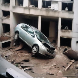 A car is squeezed into the narrow water pipe of a Chinese residential building, resulting in it being crushed and turned into a pile of scrap metal