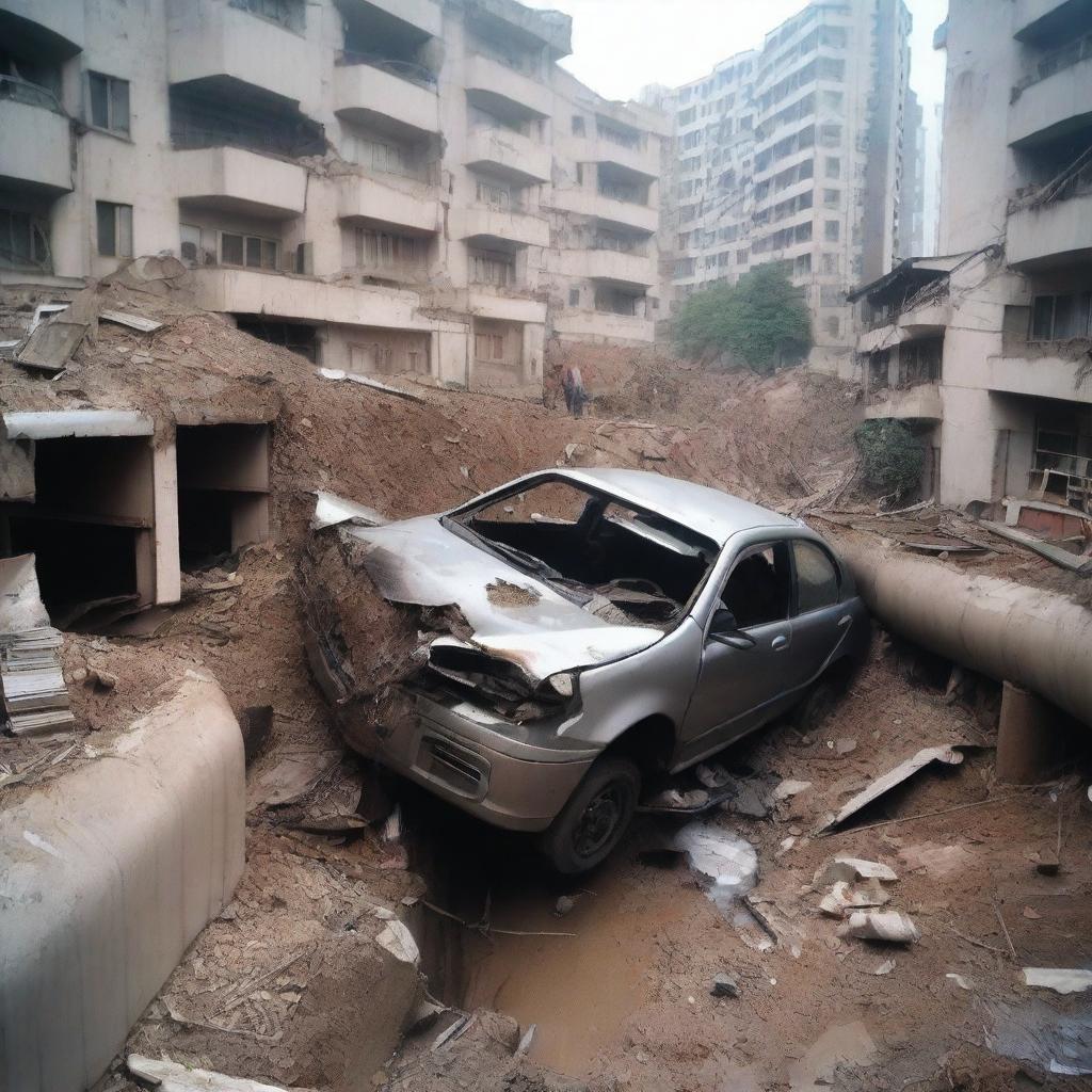 A car is squeezed into the narrow water pipe of a Chinese residential building, resulting in it being crushed and turned into a pile of scrap metal