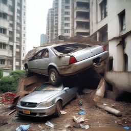 A car is squeezed into the narrow water pipe of a Chinese residential building, resulting in it being crushed and turned into a pile of scrap metal