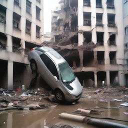 A car is squeezed into the narrow water pipe of a Chinese residential building, resulting in it being crushed and turned into a pile of scrap metal