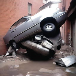 A car is squeezed into a very narrow water pipe in a residential building, resulting in it being crushed and turned into a pile of scrap metal