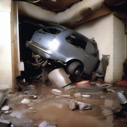 A car is squeezed into a very narrow water pipe in a residential building, resulting in it being crushed and turned into a pile of scrap metal