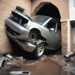 A car is squeezed into a very narrow water pipe in a residential building, resulting in it being crushed and turned into a pile of scrap metal