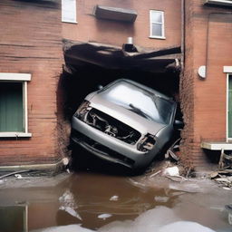 A car is squeezed into a very narrow water pipe in a residential building, resulting in it being crushed and turned into a pile of scrap metal