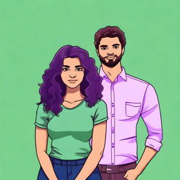 Create an image with a lilac to pool green gradient background, featuring a couple standing back to back with crossed arms