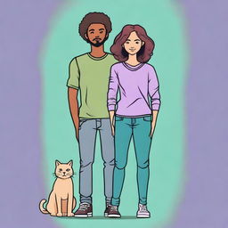 Create an image with a lilac to pool green gradient background, featuring a couple standing back to back with crossed arms