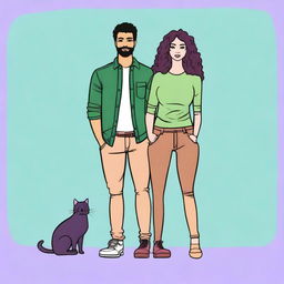 Create an image with a lilac to pool green gradient background, featuring a couple standing back to back with crossed arms