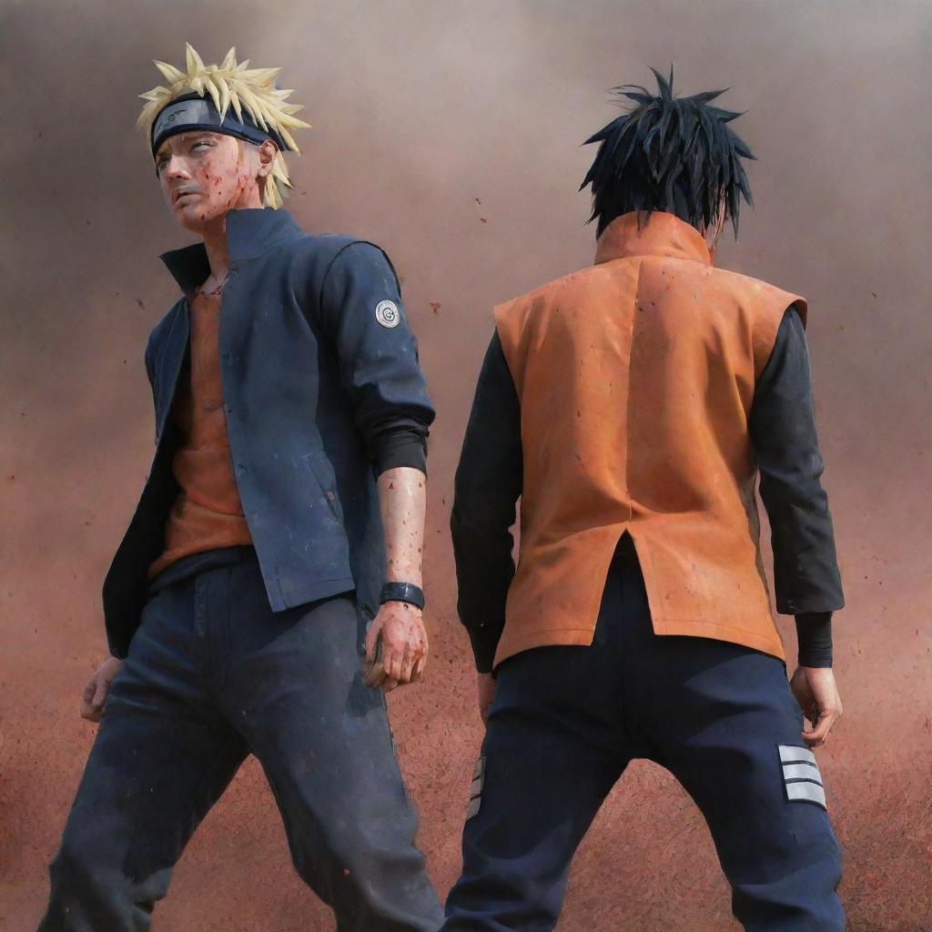 Naruto and Sasuke standing back to back, their intense power causing the ground to quiver. They are splattered with blood, their faces contorted with anger.