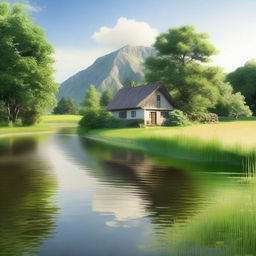 Generate an image of a serene countryside landscape with a small cottage and a flowing river