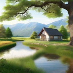 Generate an image of a serene countryside landscape with a small cottage and a flowing river