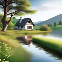 Generate an image of a serene countryside landscape with a small cottage and a flowing river