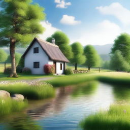 Generate an image of a serene countryside landscape with a small cottage and a flowing river