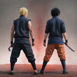 Naruto and Sasuke standing back to back, their intense power causing the ground to quiver. They are splattered with blood, their faces contorted with anger.