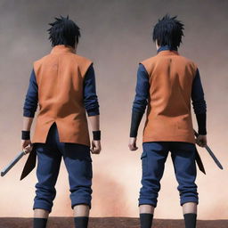 Naruto and Sasuke standing back to back, their intense power causing the ground to quiver. They are splattered with blood, their faces contorted with anger.