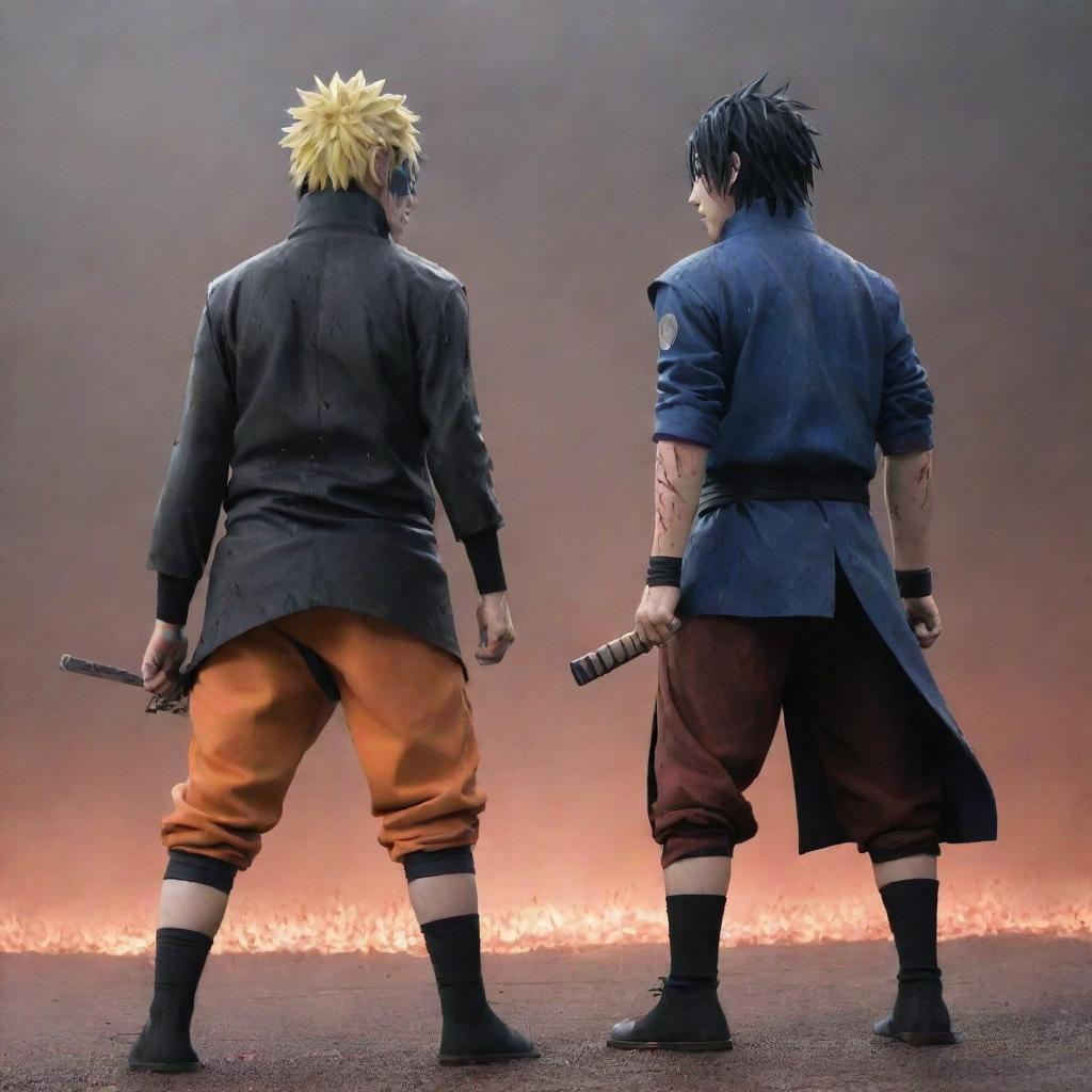 Naruto and Sasuke standing back to back, their intense power causing the ground to quiver. They are splattered with blood, their faces contorted with anger.