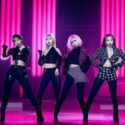 K-pop group Blackpink dancing on a brightly lit stage, showing off their synchronized and powerful dance moves with stylish outfits