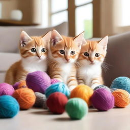 A group of adorable kittens playing with colorful balls of yarn