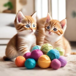 A group of adorable kittens playing with colorful balls of yarn